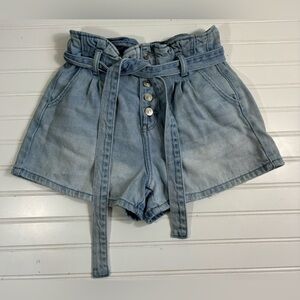 American Eagle Mom Shorts Light Wash Tie High Waist Button Fly Size 4 Paper Bag
